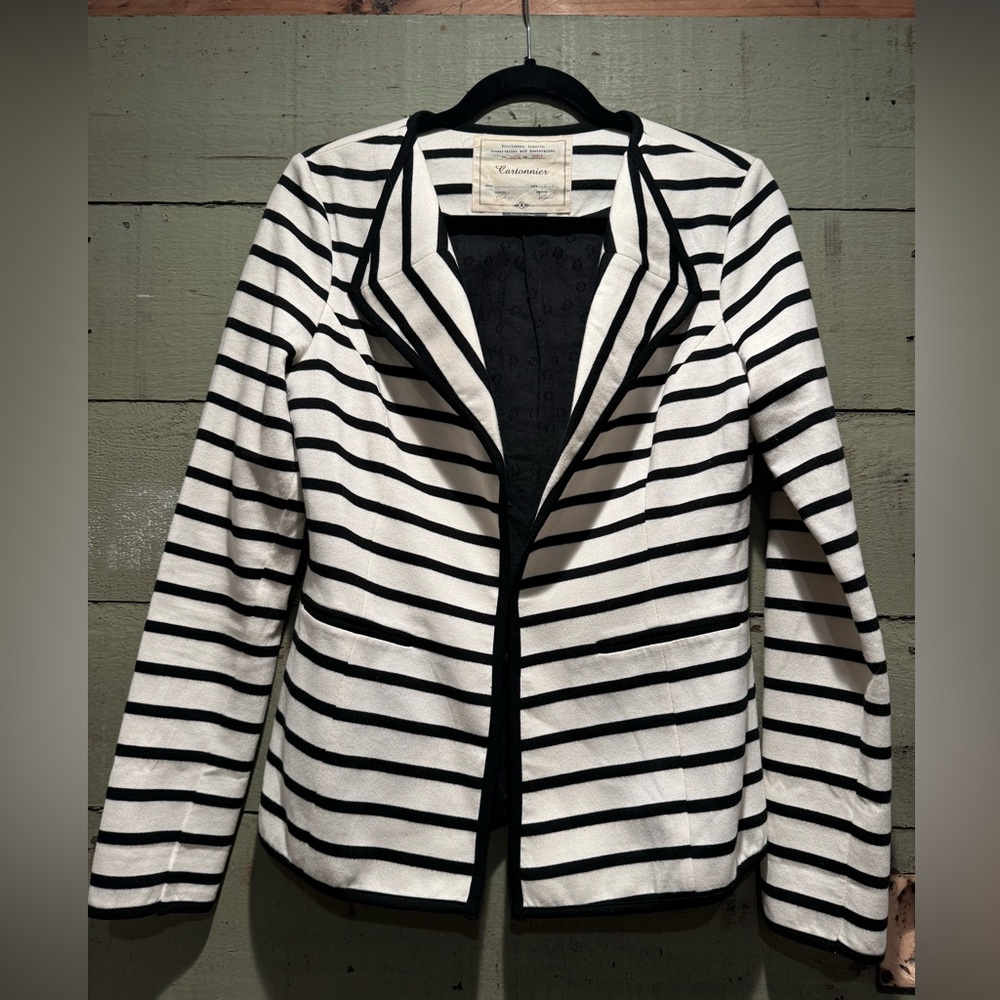 Anthro Cartonnier black and white stripe cotton blazer size 8
